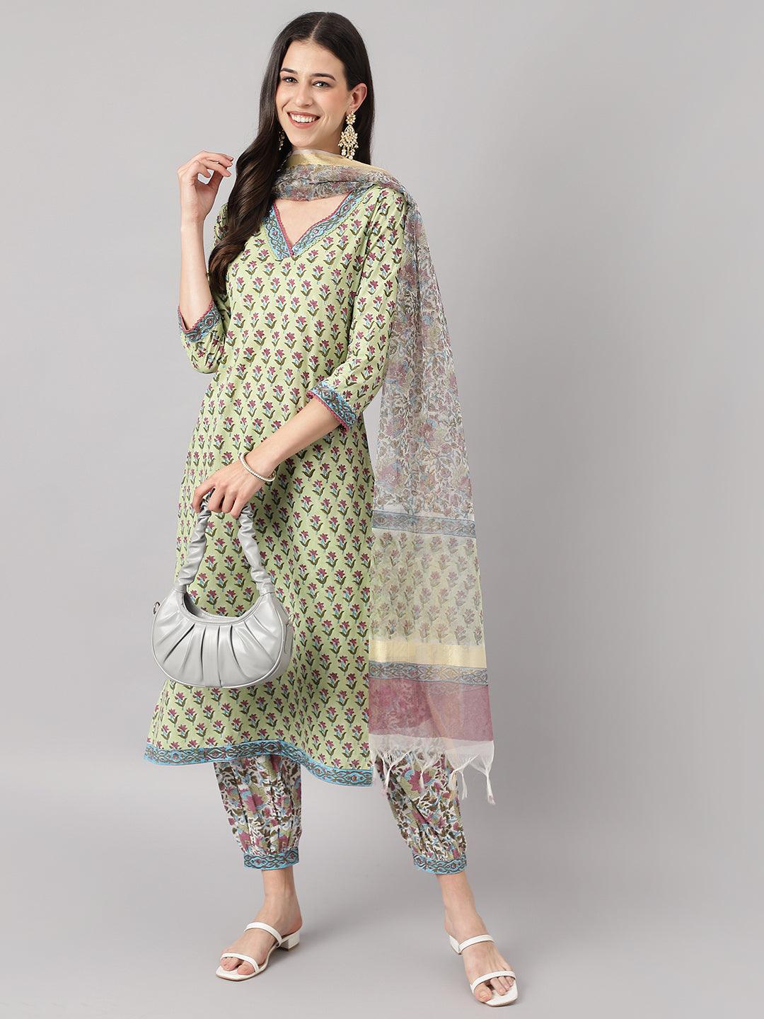 Green And White Cotton Hand Block Printed Kurta Pant Set With Dupatta | LASVINI - Redefining Indian Fashion with Elegance