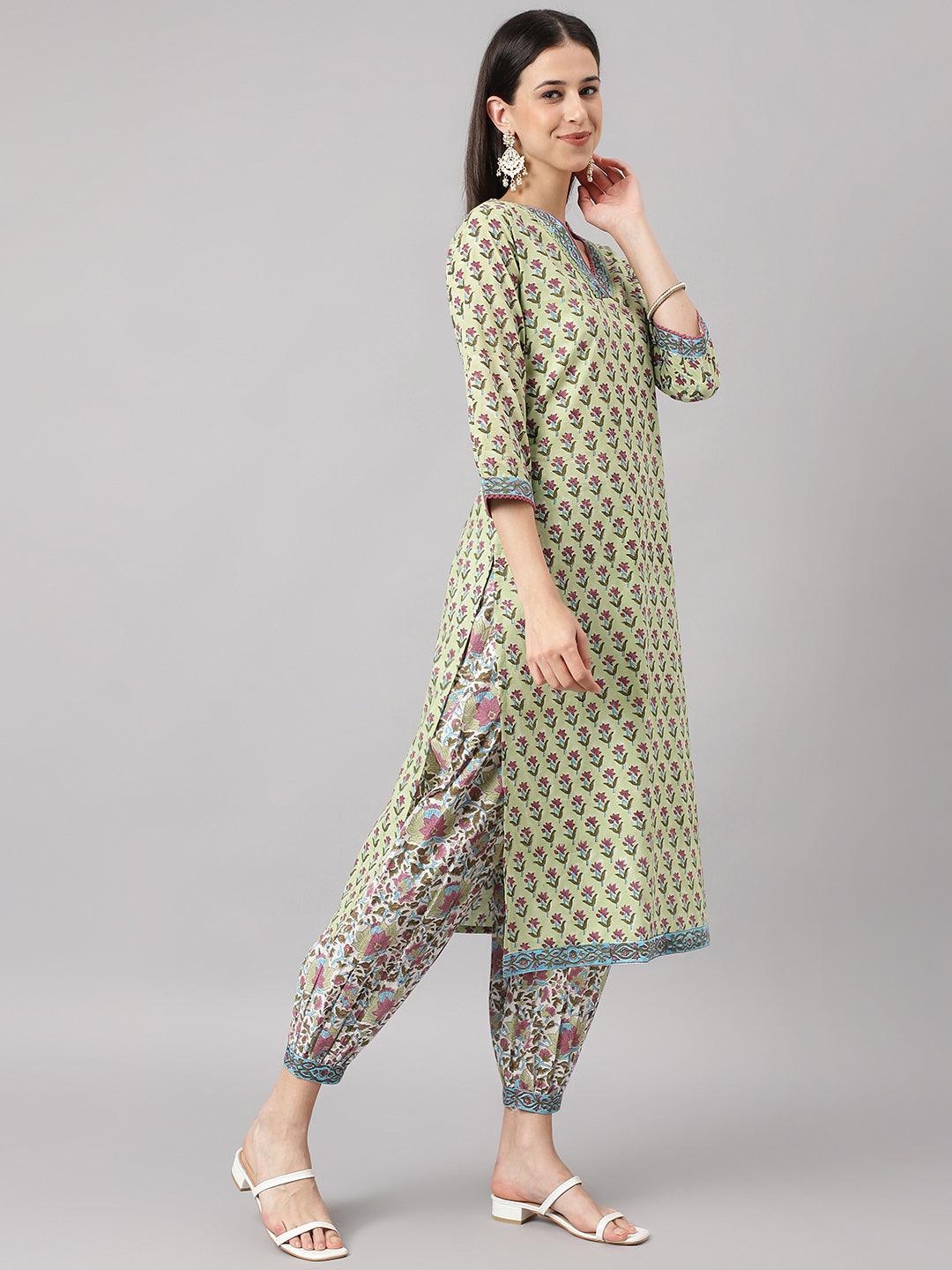 Green And White Cotton Hand Block Printed Kurta Pant Set With Dupatta | LASVINI - Redefining Indian Fashion with Elegance