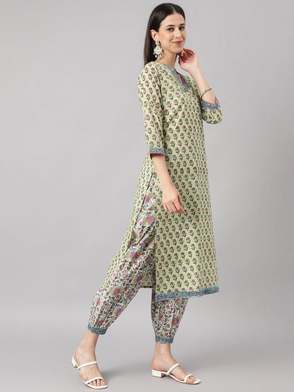 Green And White Cotton Hand Block Printed Kurta Pant Set With Dupatta | LASVINI - Redefining Indian Fashion with Elegance