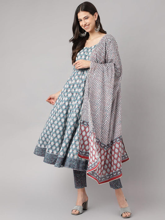 Turquoise Blue Cotton Anarkali Kurta Pant Set With Dupatta | LASVINI - Redefining Indian Fashion with Elegance