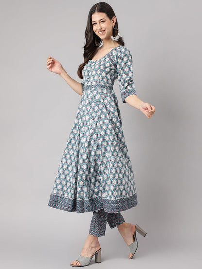Turquoise Blue Cotton Anarkali Kurta Pant Set With Dupatta | LASVINI - Redefining Indian Fashion with Elegance