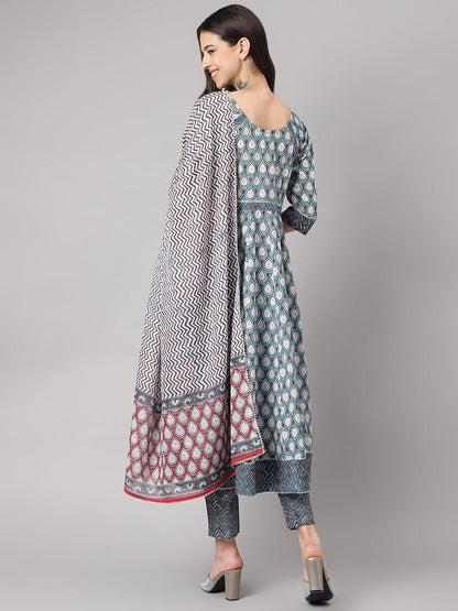 Turquoise Blue Cotton Anarkali Kurta Pant Set With Dupatta | LASVINI - Redefining Indian Fashion with Elegance