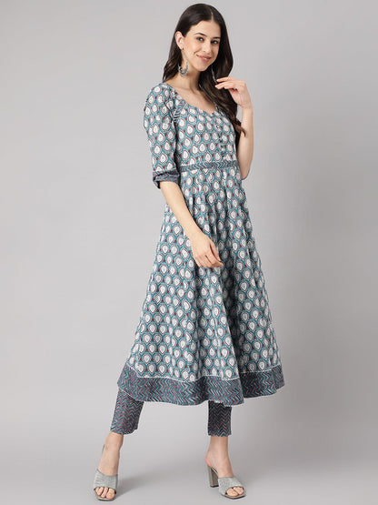 Turquoise Blue Cotton Anarkali Kurta Pant Set With Dupatta | LASVINI - Redefining Indian Fashion with Elegance