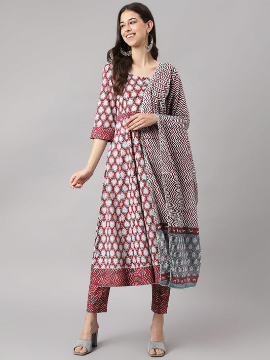 Maroon Cotton Anarkali Kurta Pant Set With Dupatta | LASVINI - Redefining Indian Fashion with Elegance