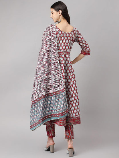 Maroon Cotton Anarkali Kurta Pant Set With Dupatta | LASVINI - Redefining Indian Fashion with Elegance