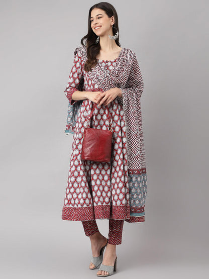 Maroon Cotton Anarkali Kurta Pant Set With Dupatta | LASVINI - Redefining Indian Fashion with Elegance