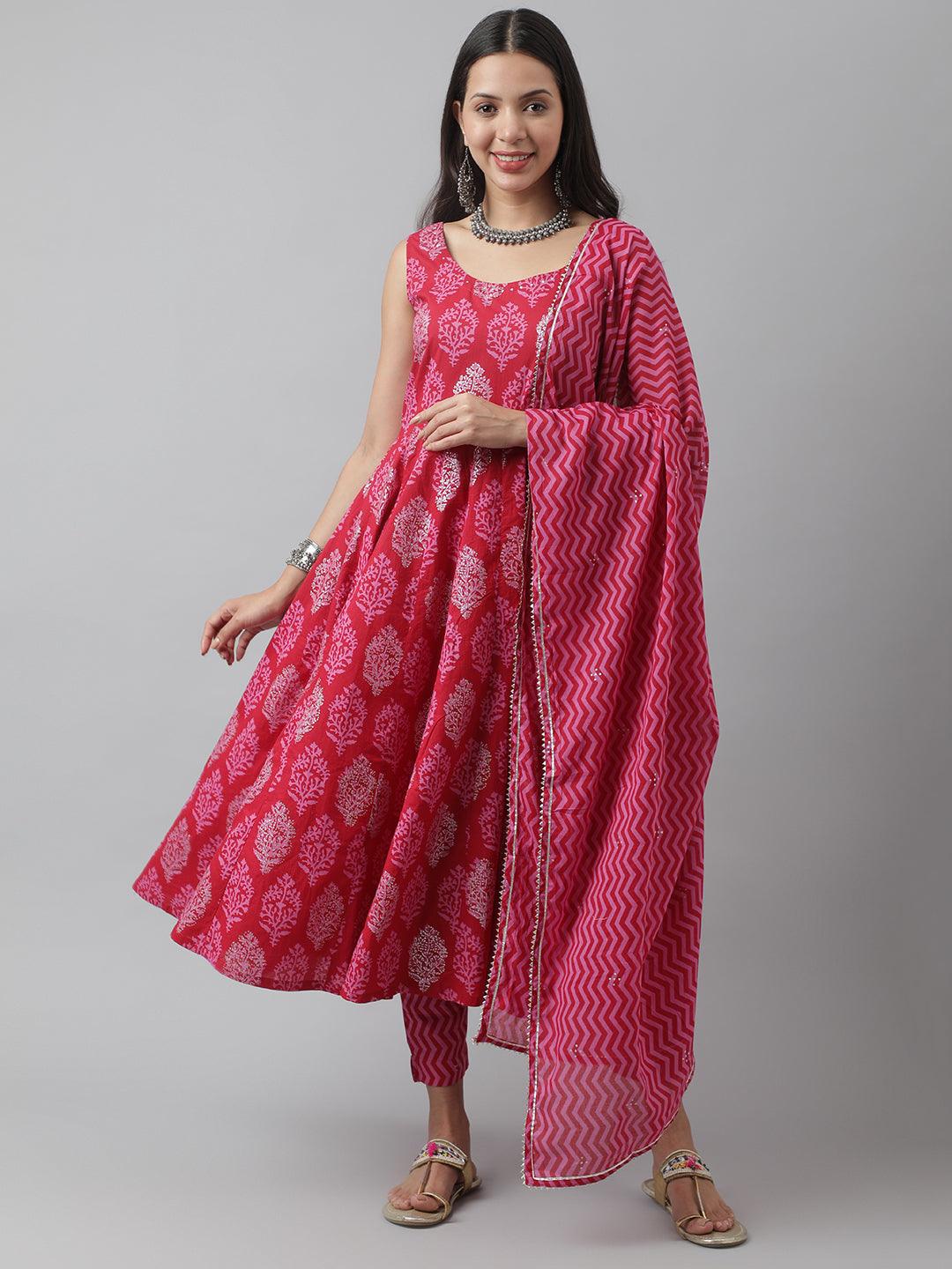 Magenta Floral Cotton Anarkali Kurta Pant Set With Dupatta | LASVINI - Redefining Indian Fashion with Elegance