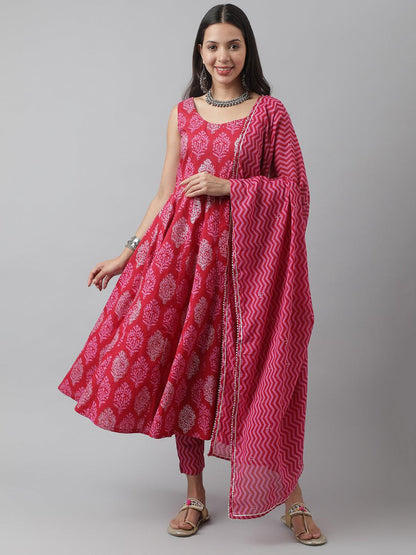 Magenta Floral Cotton Anarkali Kurta Pant Set With Dupatta | LASVINI - Redefining Indian Fashion with Elegance