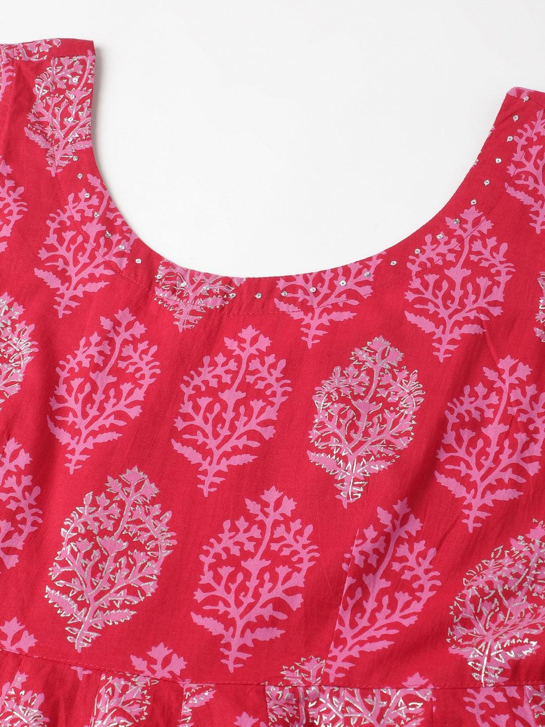 Magenta Floral Cotton Anarkali Kurta Pant Set With Dupatta | LASVINI - Redefining Indian Fashion with Elegance