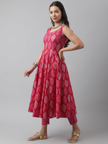 Magenta Floral Cotton Anarkali Kurta Pant Set With Dupatta | LASVINI - Redefining Indian Fashion with Elegance