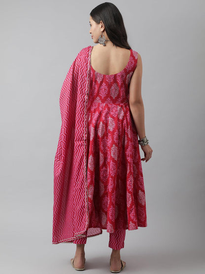 Magenta Floral Cotton Anarkali Kurta Pant Set With Dupatta | LASVINI - Redefining Indian Fashion with Elegance