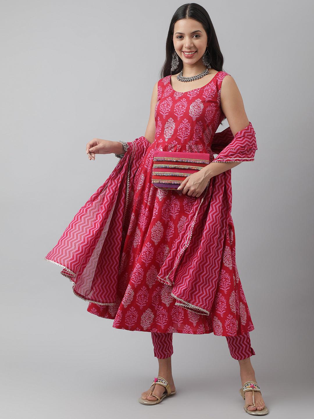Magenta Floral Cotton Anarkali Kurta Pant Set With Dupatta | LASVINI - Redefining Indian Fashion with Elegance