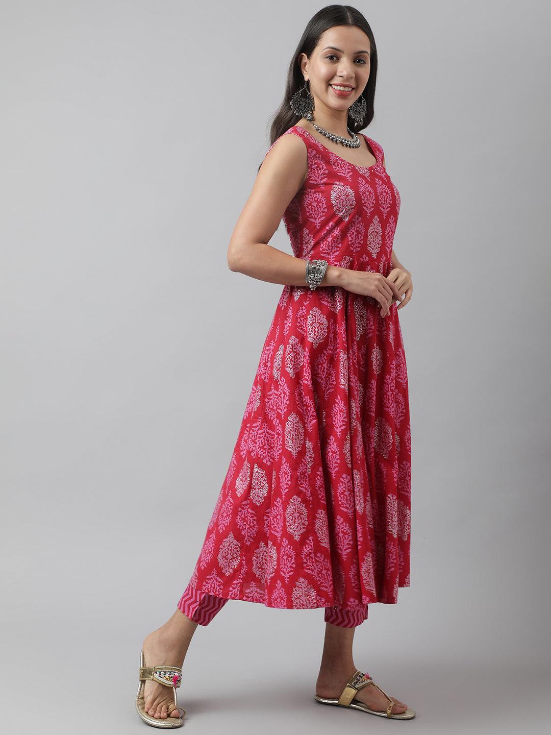 Magenta Floral Cotton Anarkali Kurta Pant Set With Dupatta | LASVINI - Redefining Indian Fashion with Elegance