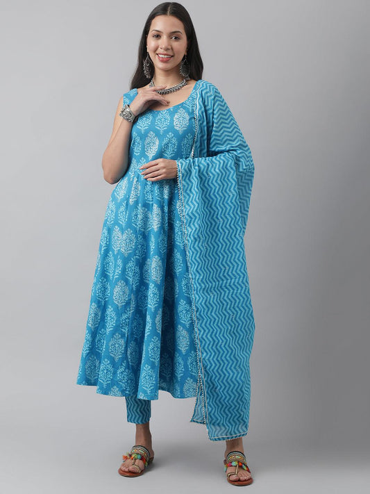 Turquoise Blue Floral Cotton Anarkali Kurta Pant Set With Dupatta | LASVINI - Redefining Indian Fashion with Elegance