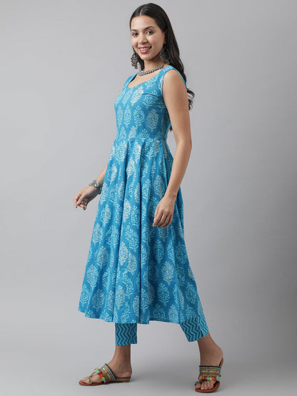 Turquoise Blue Floral Cotton Anarkali Kurta Pant Set With Dupatta | LASVINI - Redefining Indian Fashion with Elegance