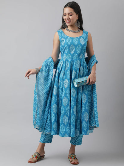 Turquoise Blue Floral Cotton Anarkali Kurta Pant Set With Dupatta | LASVINI - Redefining Indian Fashion with Elegance