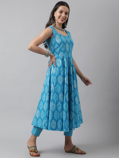 Turquoise Blue Floral Cotton Anarkali Kurta Pant Set With Dupatta | LASVINI - Redefining Indian Fashion with Elegance