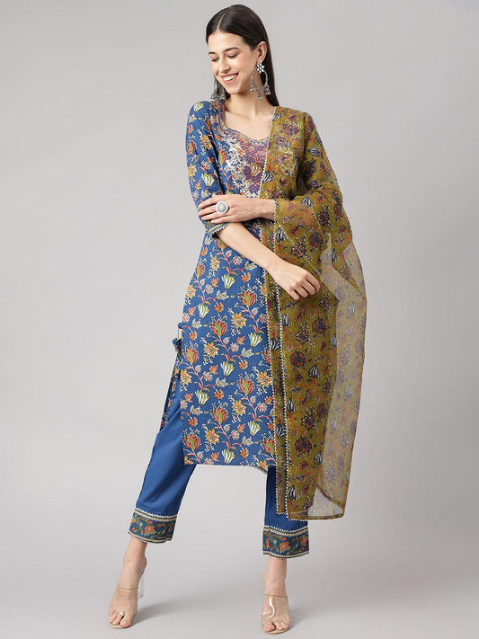 Blue Floral Printed Kurta Pant Set With Dupatta | LASVINI - Redefining Indian Fashion with Elegance
