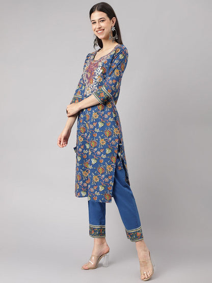 Blue Floral Printed Kurta Pant Set With Dupatta | LASVINI - Redefining Indian Fashion with Elegance