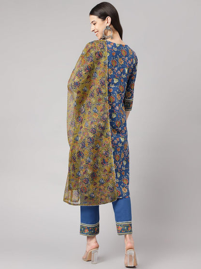 Blue Floral Printed Kurta Pant Set With Dupatta | LASVINI - Redefining Indian Fashion with Elegance