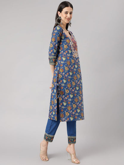 Blue Floral Printed Kurta Pant Set With Dupatta | LASVINI - Redefining Indian Fashion with Elegance