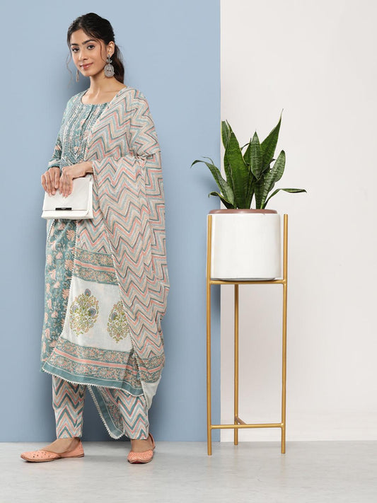 Teal Blue Cotton Straight Pant Set With Dupatta | LASVINI - Redefining Indian Fashion with Elegance