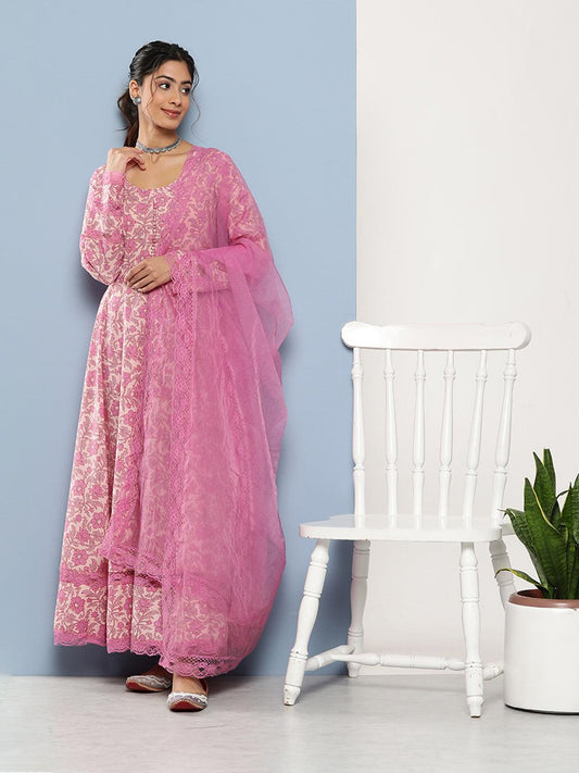 Lilac Floral Printed Anarkali Kurta Pant Set With Dupatta | LASVINI - Redefining Indian Fashion with Elegance