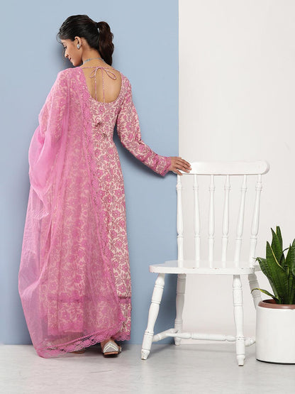 Lilac Floral Printed Anarkali Kurta Pant Set With Dupatta | LASVINI - Redefining Indian Fashion with Elegance