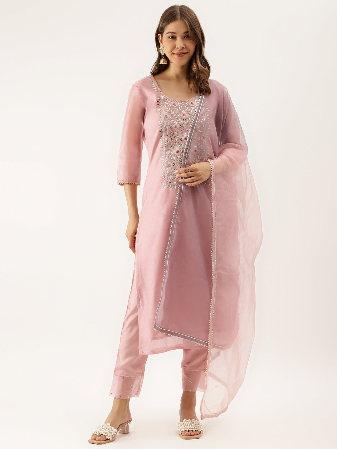 Women Pink Embroidered Chanderi Kurta With Trouser & Organza Dupatta | LASVINI - Redefining Indian Fashion with Elegance