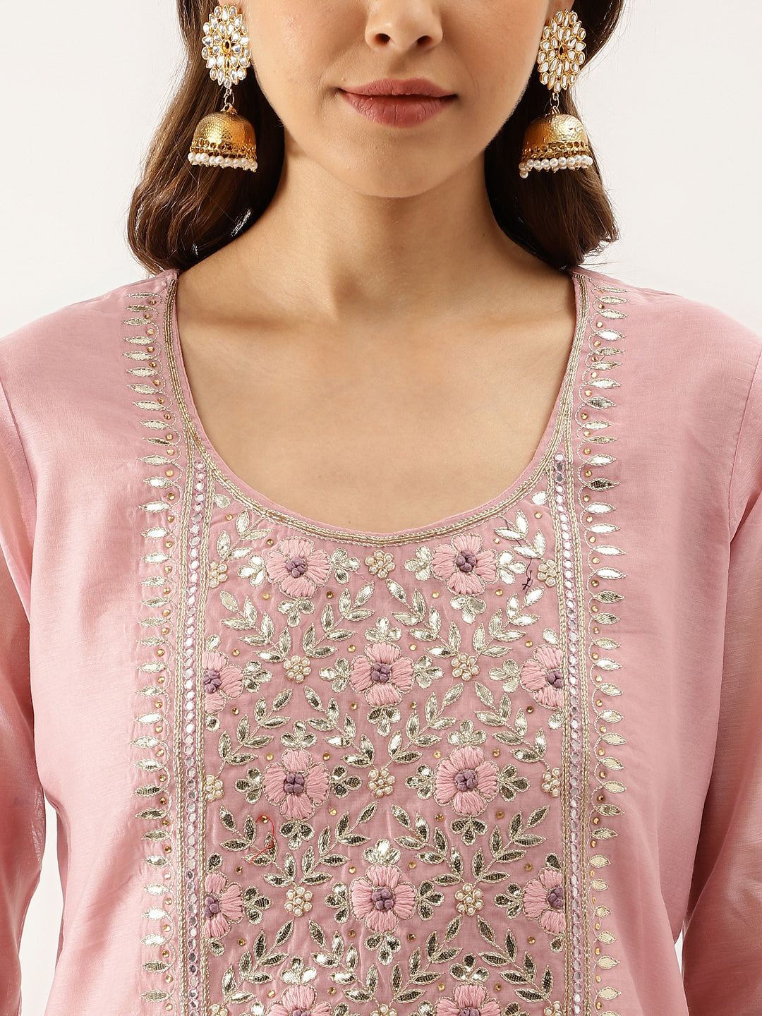 Women Pink Embroidered Chanderi Kurta With Trouser & Organza Dupatta | LASVINI - Redefining Indian Fashion with Elegance
