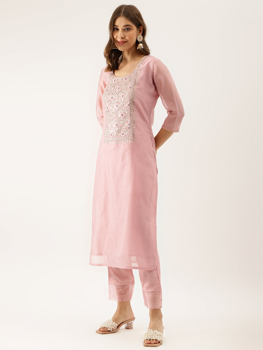 Women Pink Embroidered Chanderi Kurta With Trouser & Organza Dupatta | LASVINI - Redefining Indian Fashion with Elegance