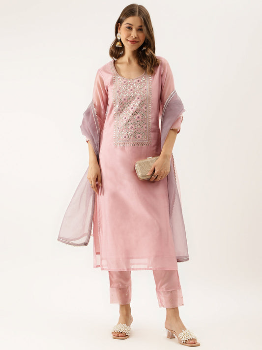 Women Pink Embroidered Chanderi Kurta With Trouser & Organza Dupatta | LASVINI - Redefining Indian Fashion with Elegance