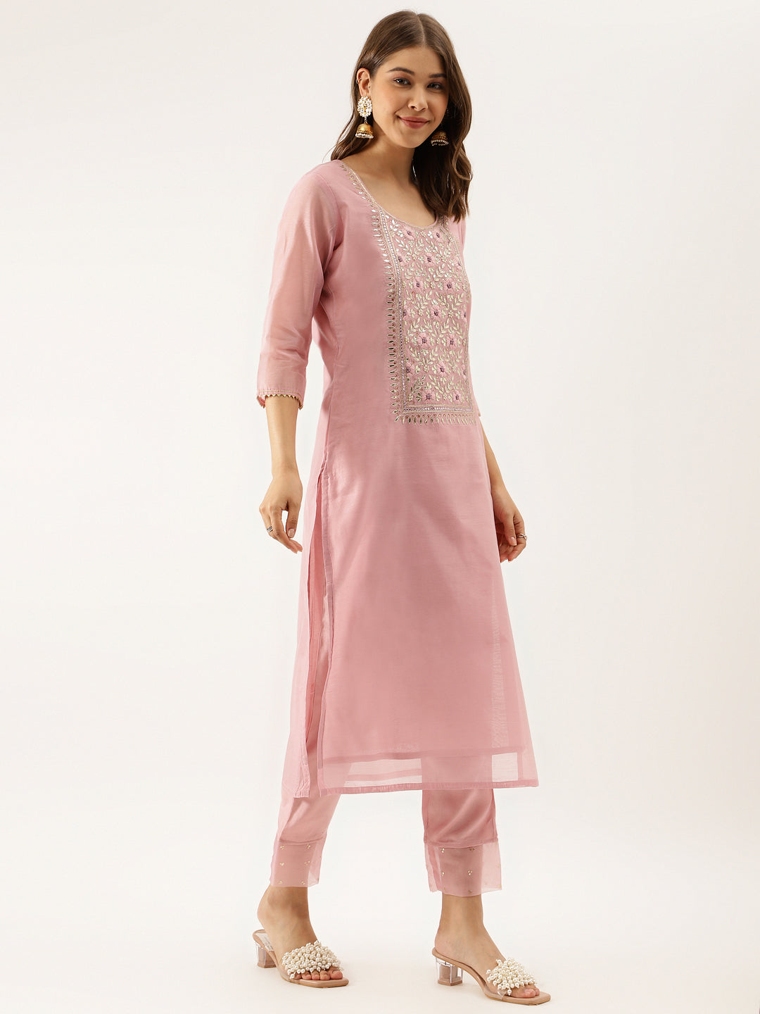 Women Pink Embroidered Chanderi Kurta With Trouser & Organza Dupatta | LASVINI - Redefining Indian Fashion with Elegance
