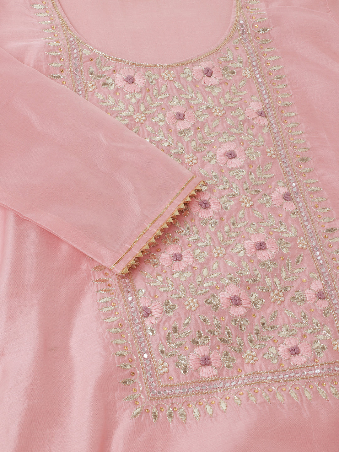 Women Pink Embroidered Chanderi Kurta With Trouser & Organza Dupatta | LASVINI - Redefining Indian Fashion with Elegance