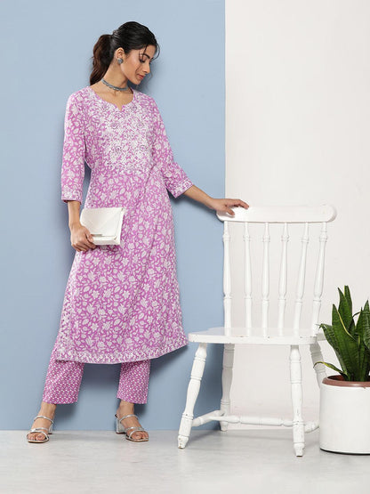 Purple Gathered Floral Printed Kurta Pant Sets | LASVINI - Redefining Indian Fashion with Elegance