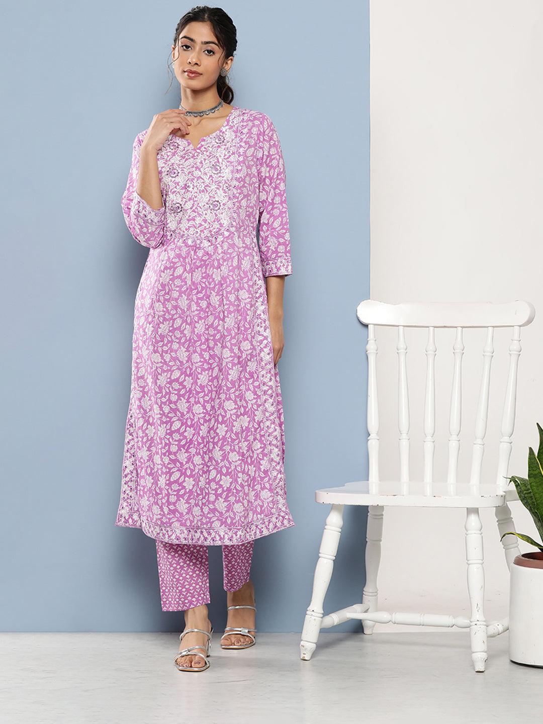 Purple Gathered Floral Printed Kurta Pant Sets | LASVINI - Redefining Indian Fashion with Elegance