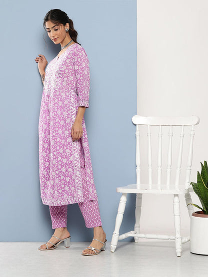 Purple Gathered Floral Printed Kurta Pant Sets | LASVINI - Redefining Indian Fashion with Elegance