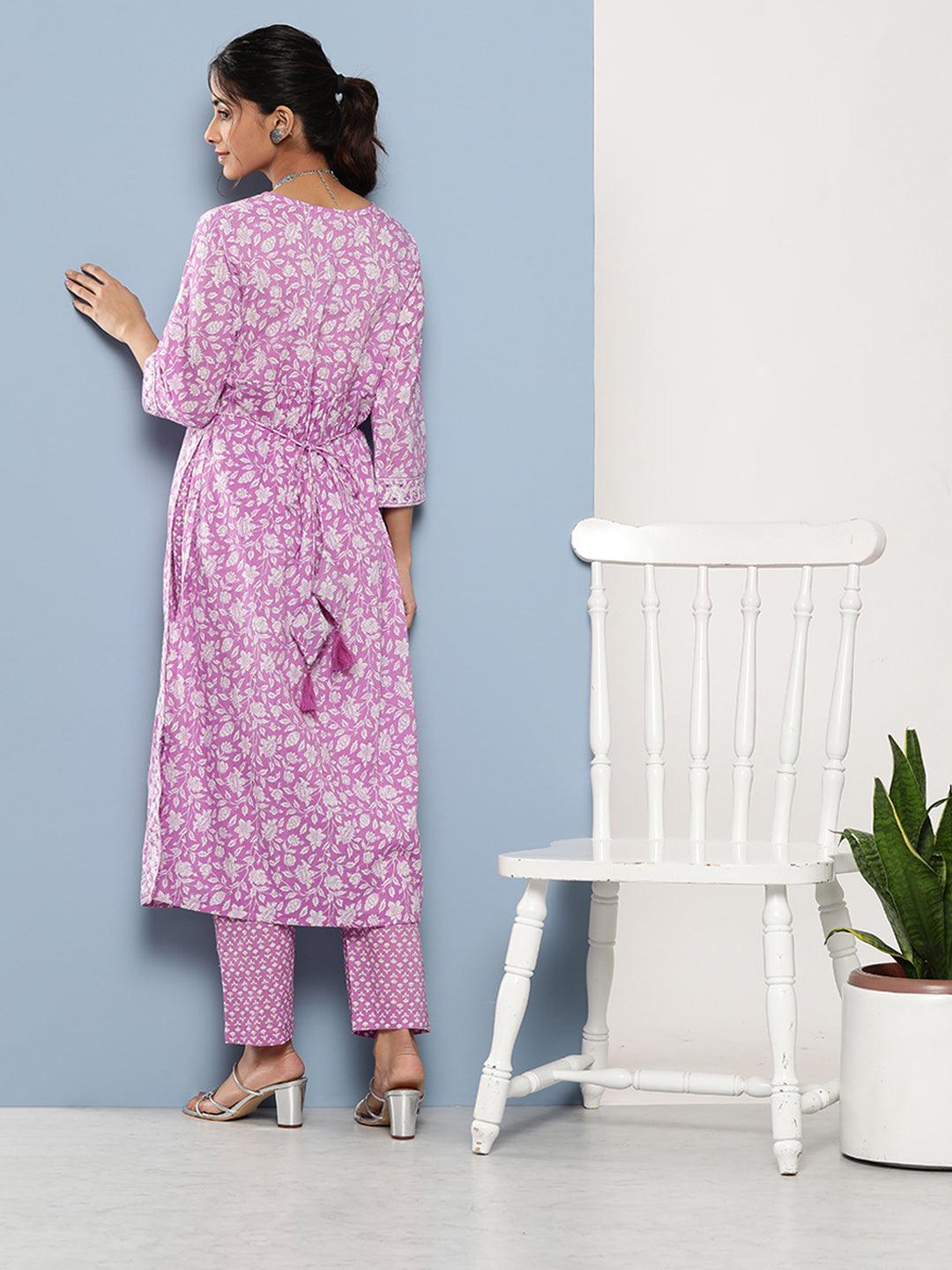 Purple Gathered Floral Printed Kurta Pant Sets | LASVINI - Redefining Indian Fashion with Elegance