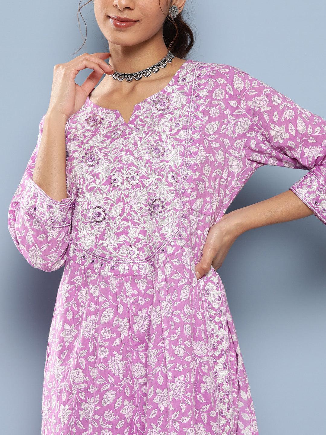 Purple Gathered Floral Printed Kurta Pant Sets | LASVINI - Redefining Indian Fashion with Elegance