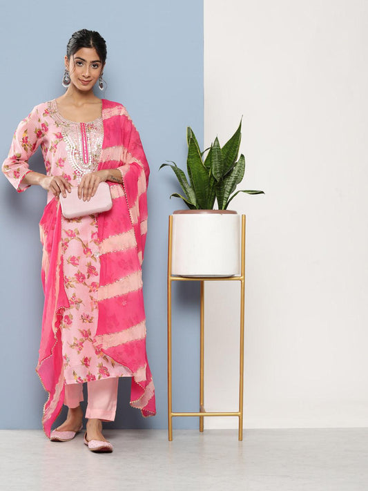 Pink Kota Doria Floral Printed Kurta Pant Dupatta Sets | LASVINI - Redefining Indian Fashion with Elegance