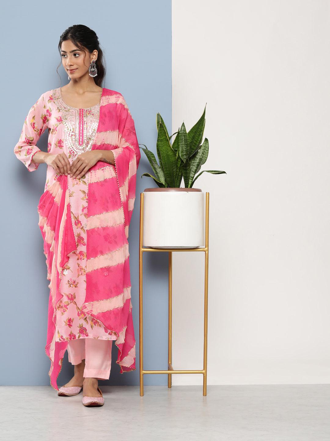 Pink Kota Doria Floral Printed Kurta Pant Dupatta Sets | LASVINI - Redefining Indian Fashion with Elegance