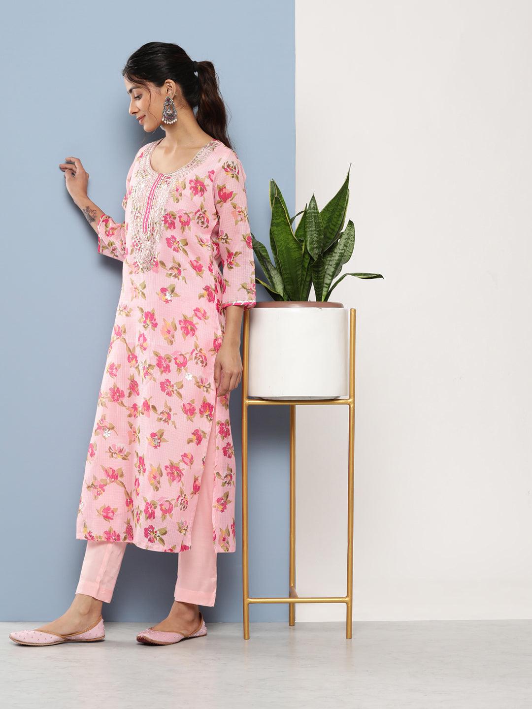 Pink Kota Doria Floral Printed Kurta Pant Dupatta Sets | LASVINI - Redefining Indian Fashion with Elegance