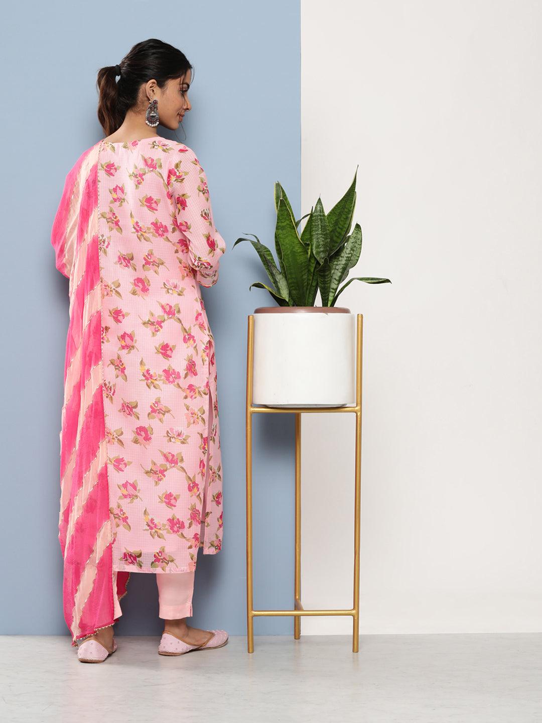 Pink Kota Doria Floral Printed Kurta Pant Dupatta Sets | LASVINI - Redefining Indian Fashion with Elegance