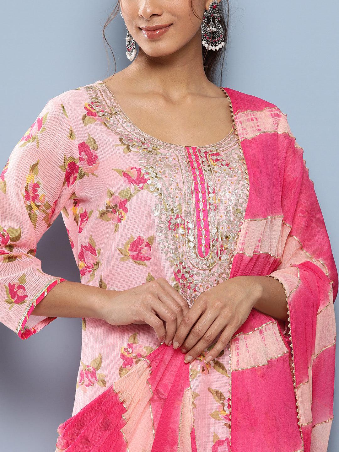 Pink Kota Doria Floral Printed Kurta Pant Dupatta Sets | LASVINI - Redefining Indian Fashion with Elegance