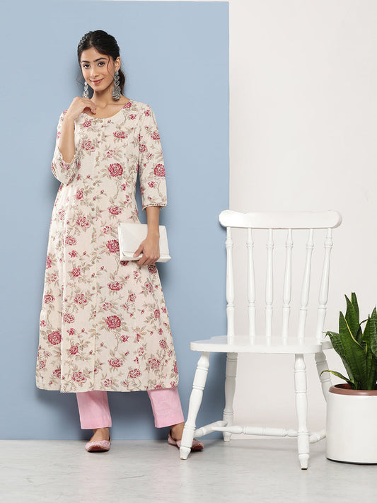 Off White Women Floral Printed Cotton Kurta | LASVINI - Redefining Indian Fashion with Elegance
