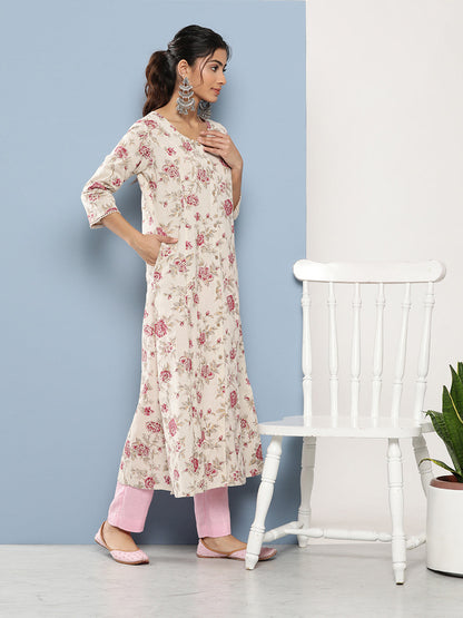 Off White Women Floral Printed Cotton Kurta | LASVINI - Redefining Indian Fashion with Elegance