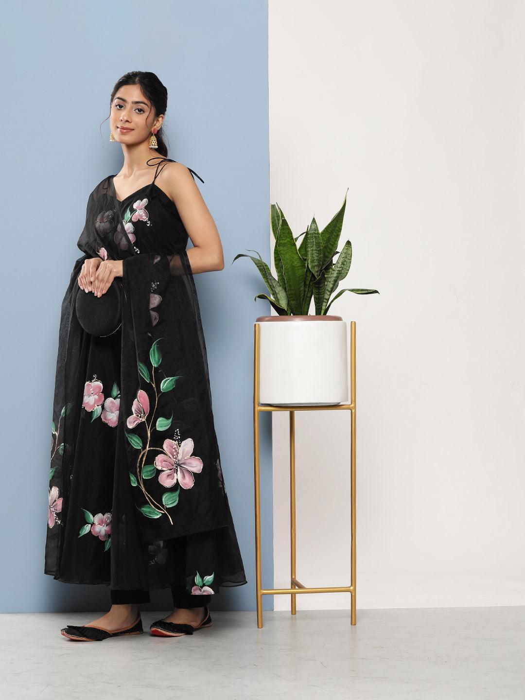 Black Hand Painted Floral Organza Anarkali Kurta Pant Set With Dupatta | LASVINI - Redefining Indian Fashion with Elegance