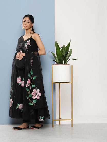 Black Hand Painted Floral Organza Anarkali Kurta Pant Set With Dupatta | LASVINI - Redefining Indian Fashion with Elegance