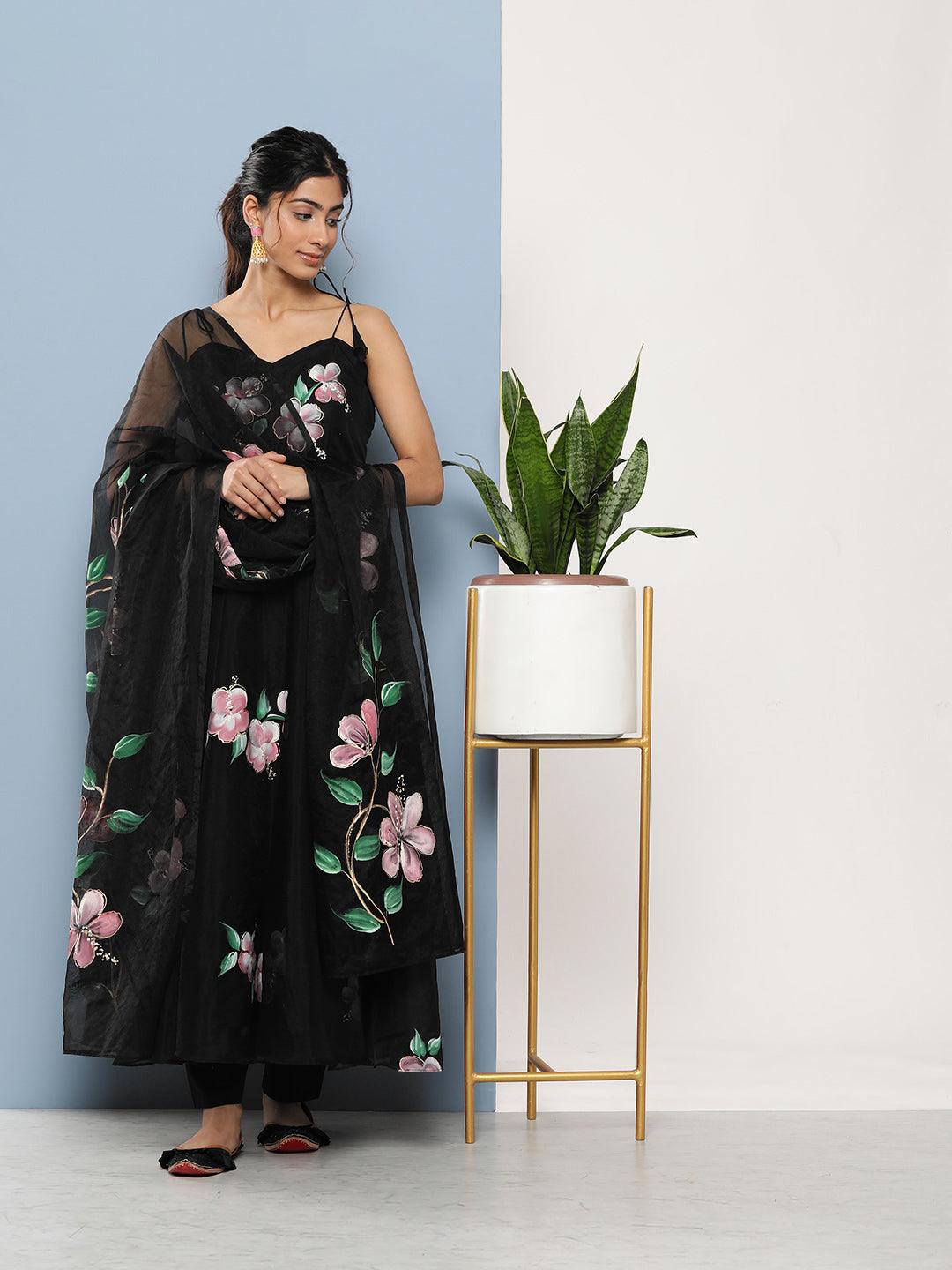Black Hand Painted Floral Organza Anarkali Kurta Pant Set With Dupatta | LASVINI - Redefining Indian Fashion with Elegance