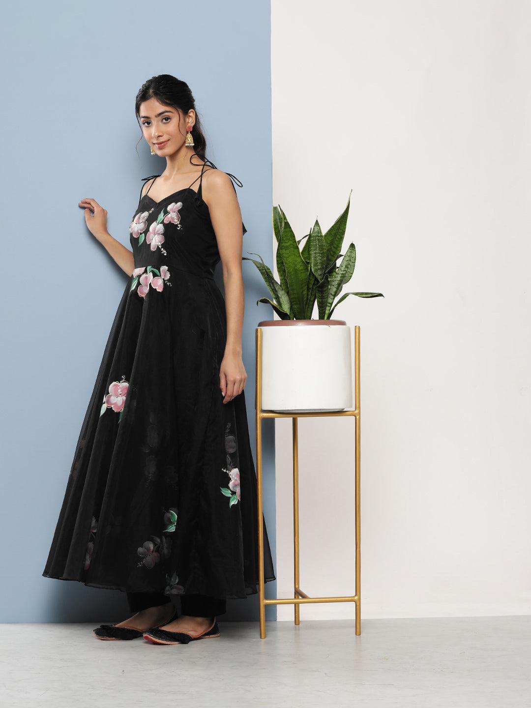Black Hand Painted Floral Organza Anarkali Kurta Pant Set With Dupatta | LASVINI - Redefining Indian Fashion with Elegance